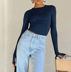 Solid Crew Neck Thumb Hole Top