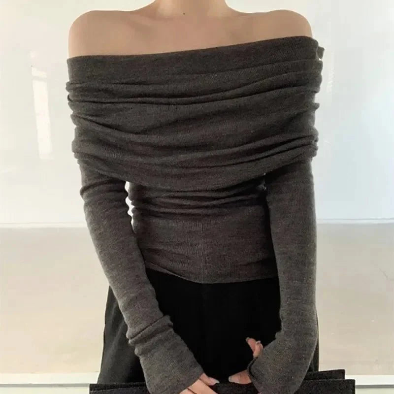 Long Sleeve Knitwear Off the Shoulder Thin Slash Neck Sweater