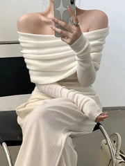 Long Sleeve Knitwear Off the Shoulder Thin Slash Neck Sweater