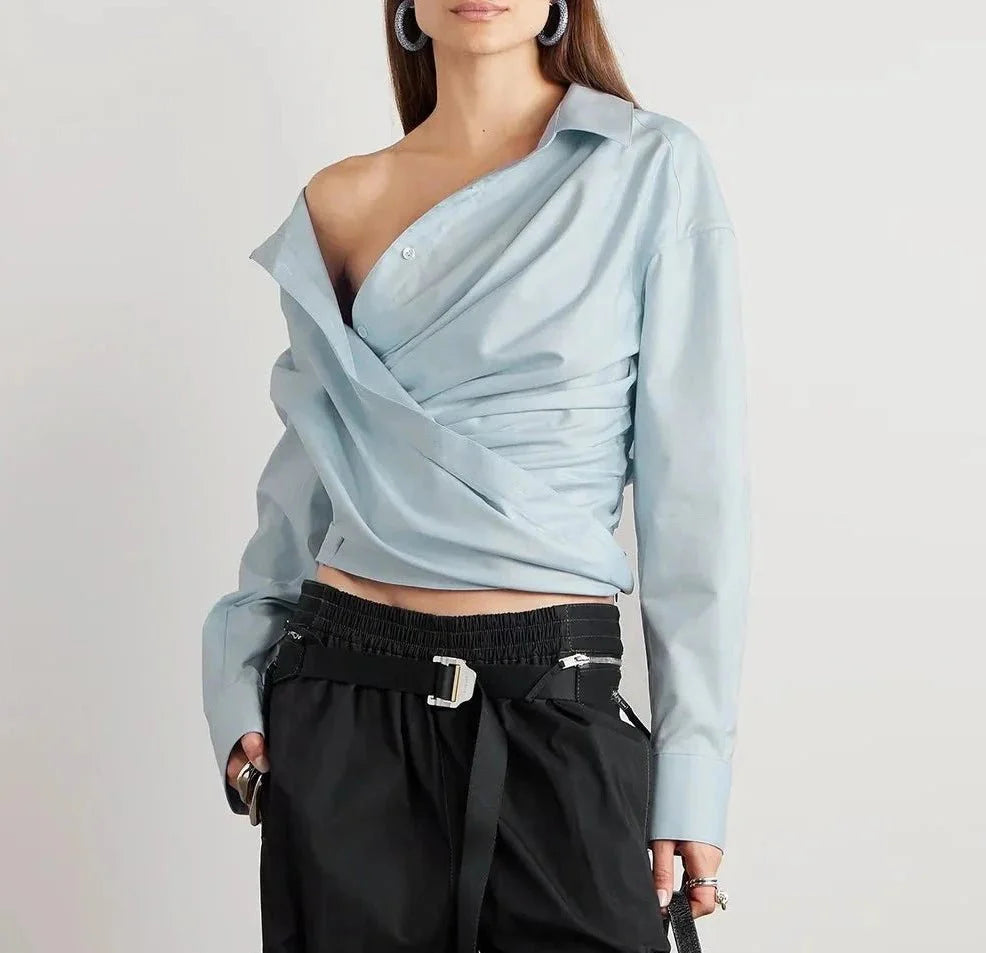 Long Sleeves Draped Unbalced Blouses