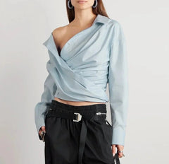 Long Sleeves Draped Unbalced Blouses