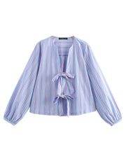 Long Sleeves Lace-Up Striped V-Neck Blouse