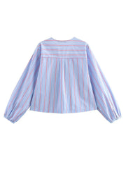Long Sleeves Lace-Up Striped V-Neck Blouse