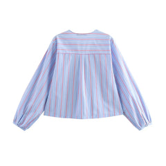 Long Sleeves Lace-Up Striped V-Neck Blouse