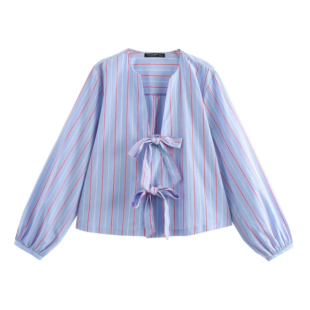 Long Sleeves Lace-Up Striped V-Neck Blouse