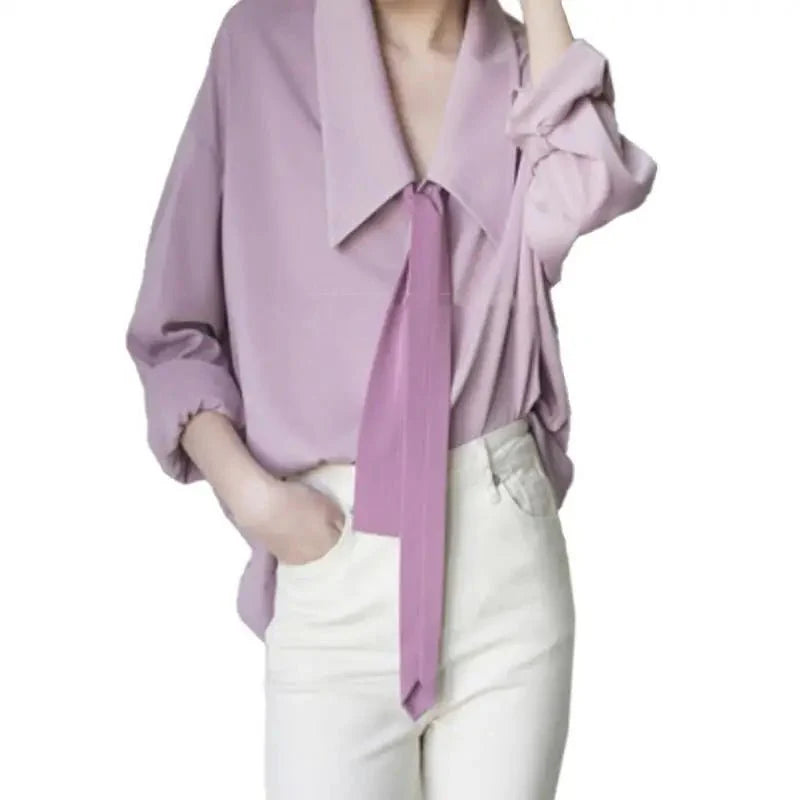 Long Sleeves Solid Necktie Shirt