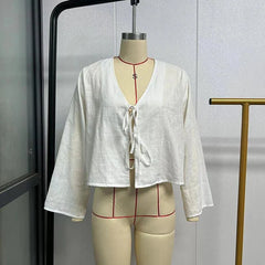 Loose-Fit Lace-Up V-Neck Shirt