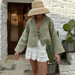 Loose-Fit Lace-Up V-Neck Shirt