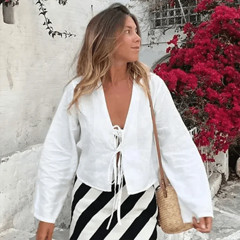 Loose-Fit Lace-Up V-Neck Shirt