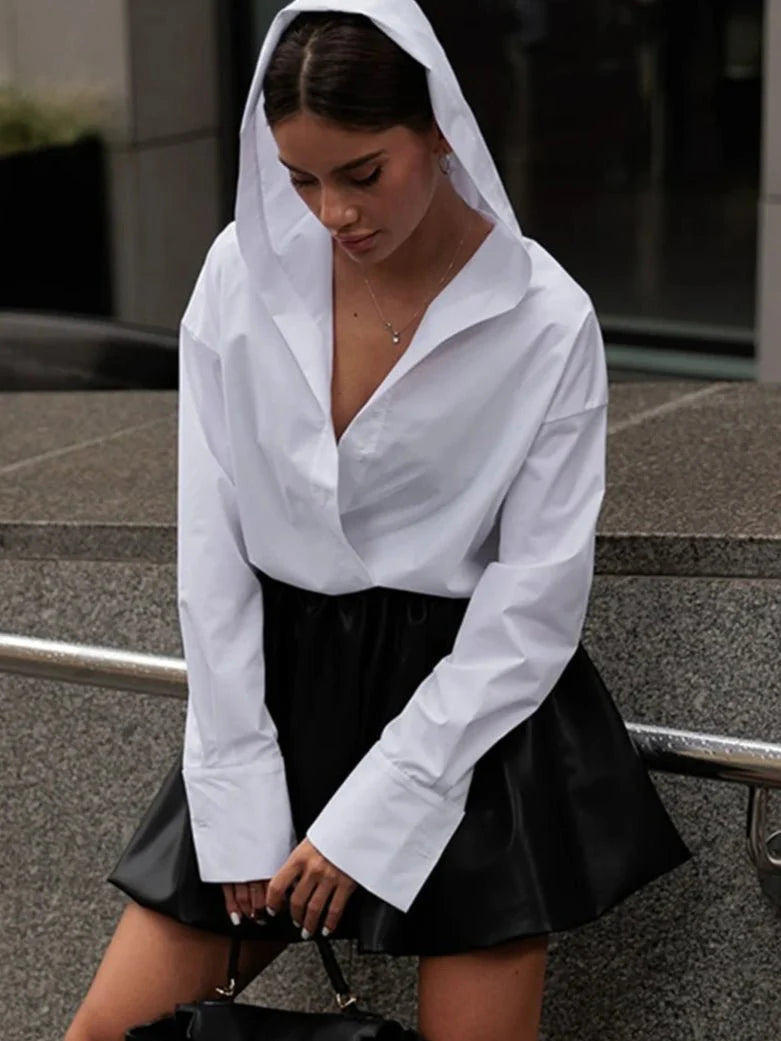 Loose White Hooded Long Sleeve Top