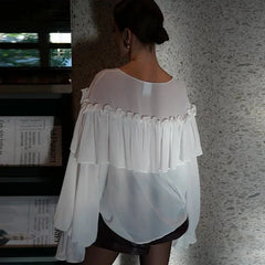 Loose White Ruffle Shirt Chiffon See-Through Top