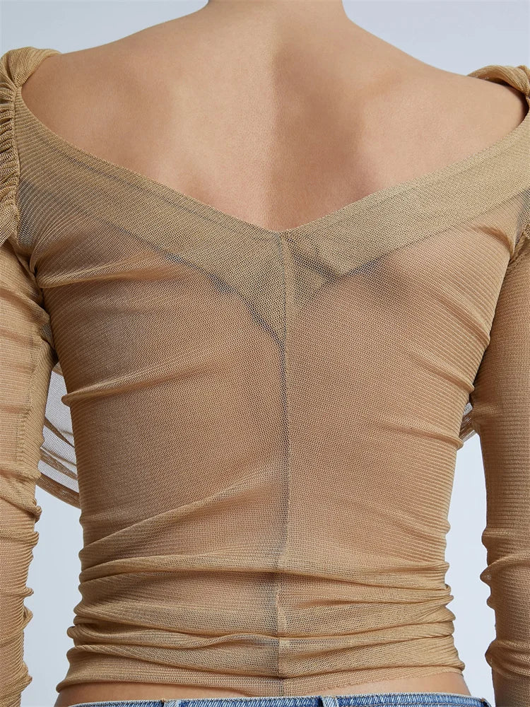 Mesh Off-Shoulder Ruched Top
