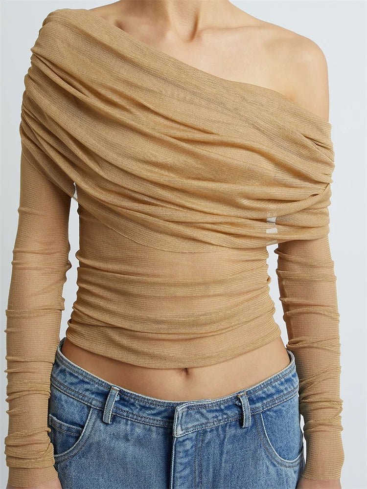 Mesh Off-Shoulder Ruched Top
