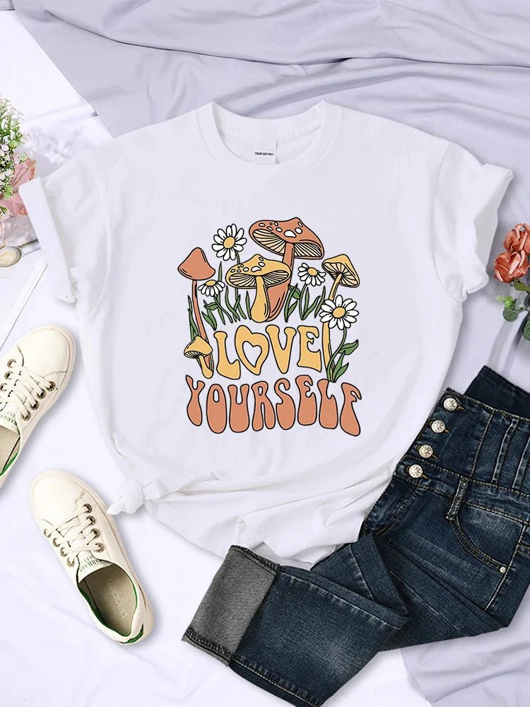 Mushroom Love Yourself Cute Printed T-Shirt