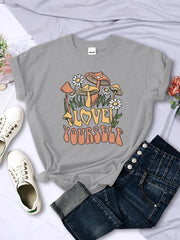 Mushroom Love Yourself Cute Printed T-Shirt