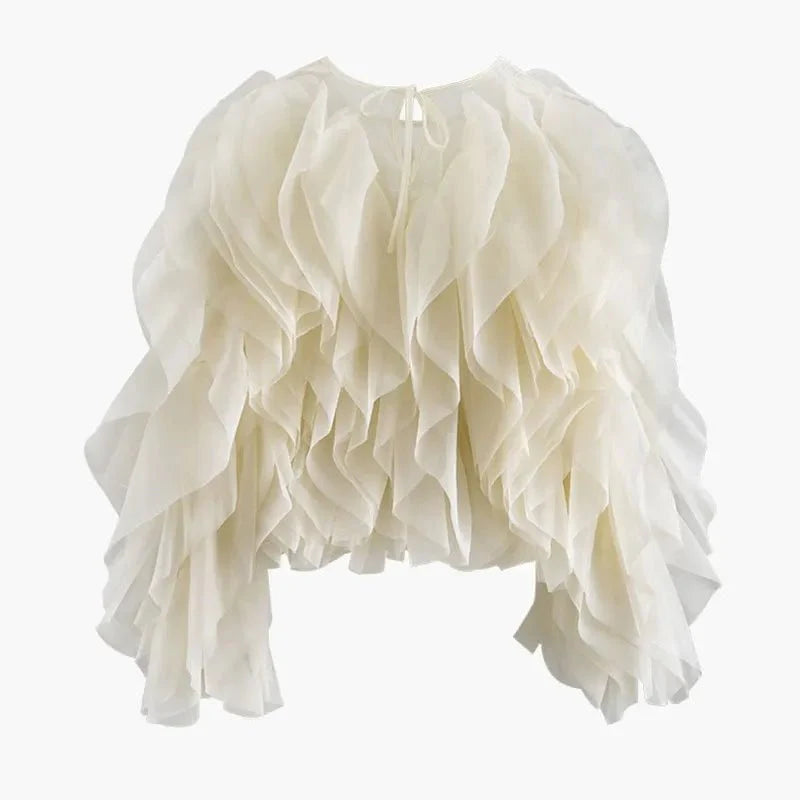 O-Neck Lantern Sleeve Ruffle Shirt