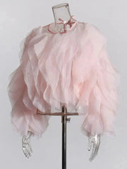 O-Neck Lantern Sleeve Ruffle Shirt