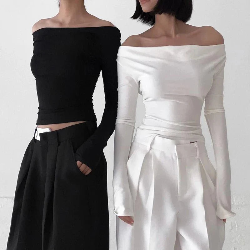 Off Shoulder Crop Long Sleeve Casual Tops