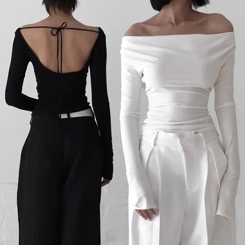 Off Shoulder Crop Long Sleeve Casual Tops