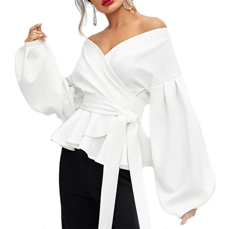 Off-Shoulder Lace-Up Lantern Sleeve Blouse