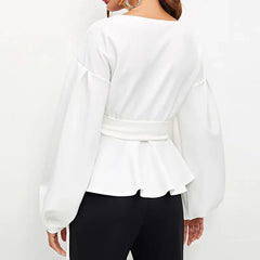 Off-Shoulder Lace-Up Lantern Sleeve Blouse