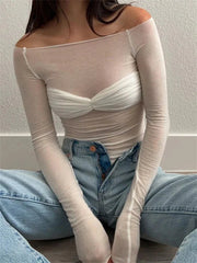 Off the Shoulder See-Through Lace Knit Pullover Tops
