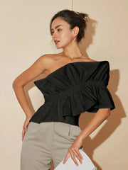 One-Shoulder Lotus Leaf Blouse