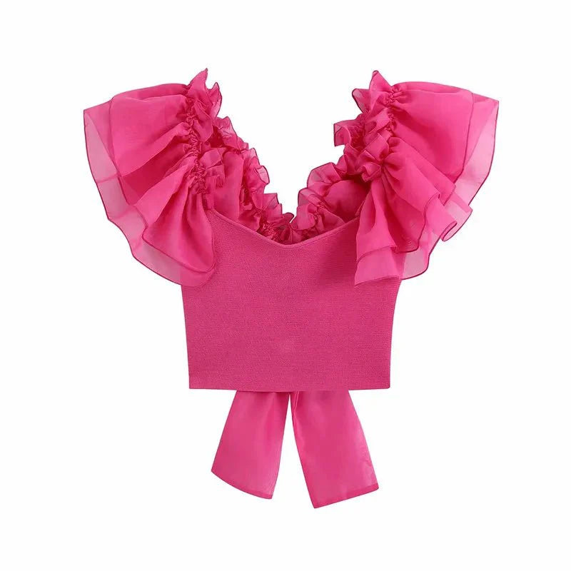 Organza Pink Puff Ruffle Sleeve Back Bow Camis