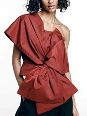 Patchwork Diagonal Collar Bow Tops