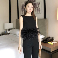 Patchwork Feathers Sleeveless Slim Tops