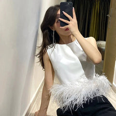 Patchwork Feathers Sleeveless Slim Tops