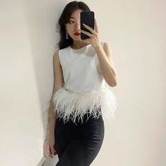 Patchwork Feathers Sleeveless Slim Tops