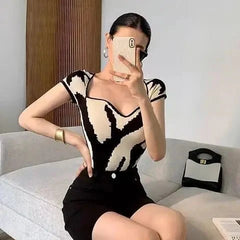 Patchwork Knit Short Sleeve Tops