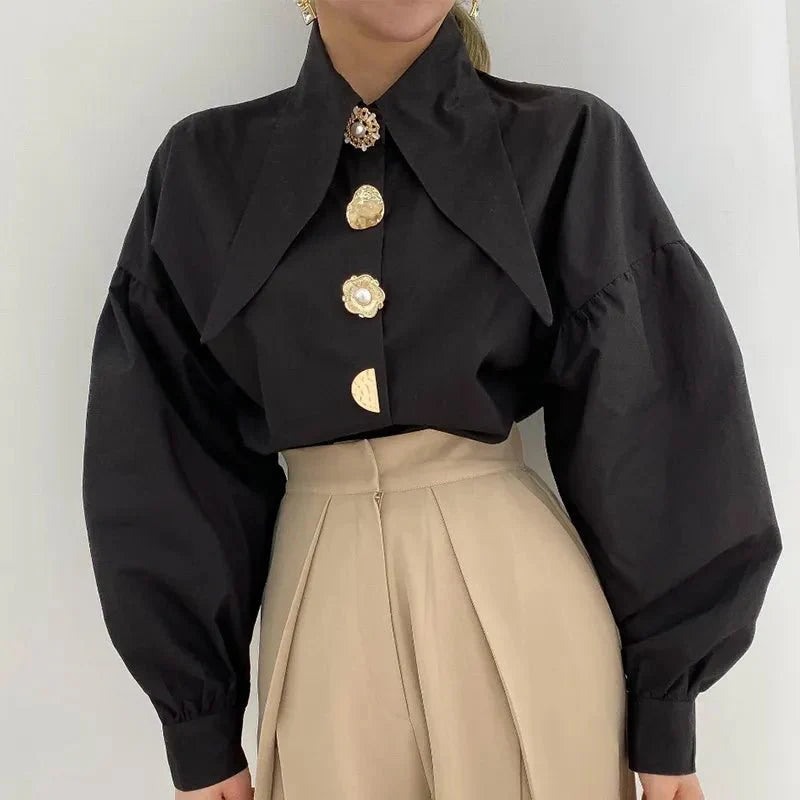 Pearl Button Pointed Puff Long Shirts Blouses