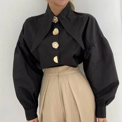 Pearl Button Pointed Puff Long Shirts Blouses