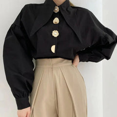 Pearl Button Pointed Puff Long Shirts Blouses