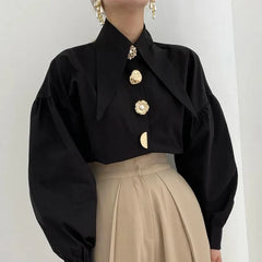 Pearl Button Pointed Puff Long Shirts Blouses