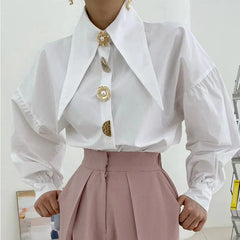 Pearl Button Pointed Puff Long Shirts Blouses