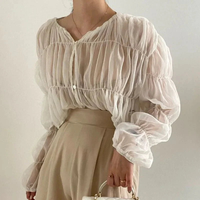 Pleated Chiffon See-through Blouses