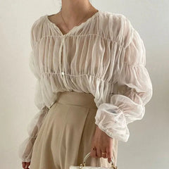 Pleated Chiffon See-through Blouses