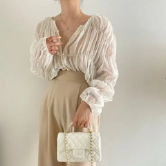 Pleated Chiffon See-through Blouses