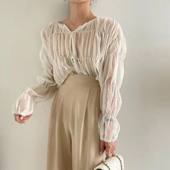 Pleated Chiffon See-through Blouses