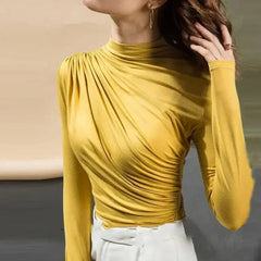 Pleated Long-Sleeve Turtleneck Top