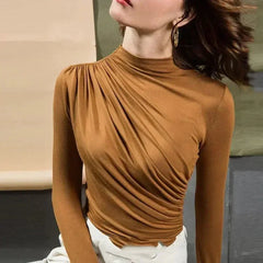 Pleated Long-Sleeve Turtleneck Top