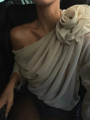 Pleated See-Through 3D Rose Blouse Top