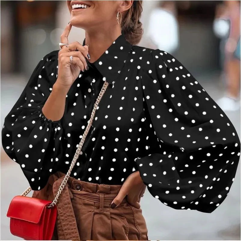 Polka Dot Button-Up Blouse with Lantern Sleeves