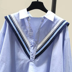 Polo-Neck Patchwork Striped Knitted Loose Shirt