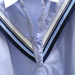 Polo-Neck Patchwork Striped Knitted Loose Shirt