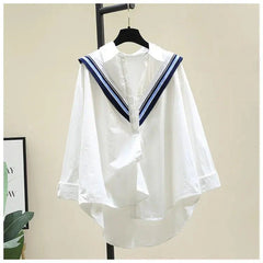 Polo-Neck Patchwork Striped Knitted Loose Shirt