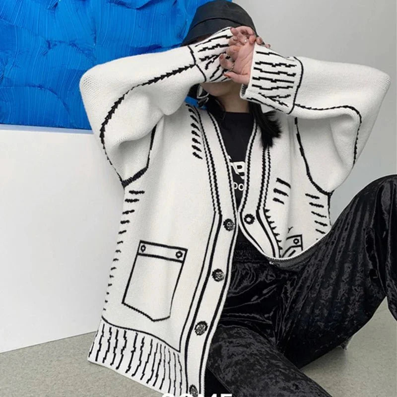 Print Graffiti Long Sleeve Knitted Cardigans Coat